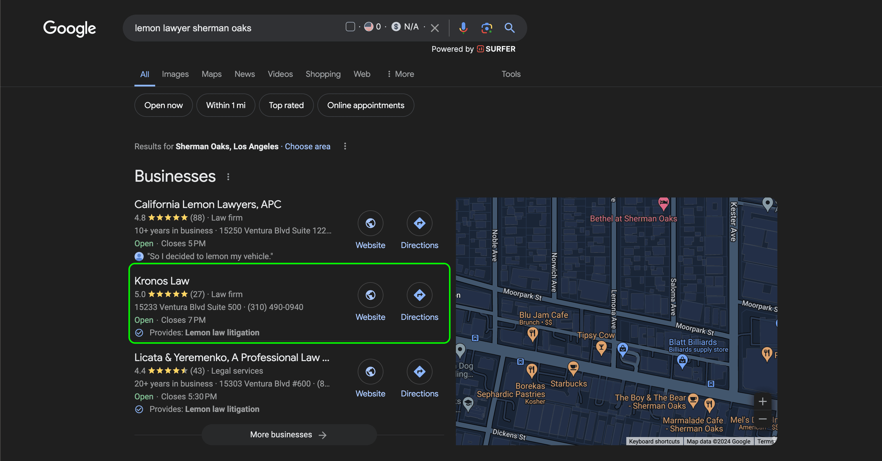 Google results showing Kronos Law ranking at the top