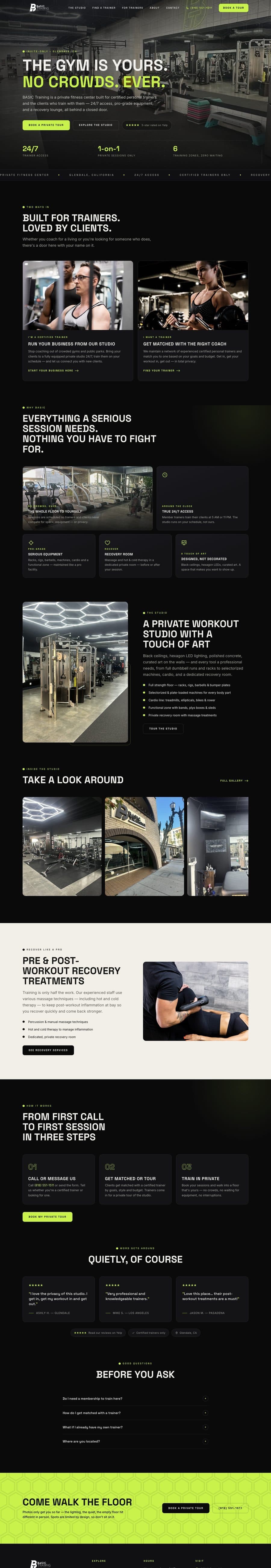Full-page screenshot of the Basic Training private fitness studio website designed by FreedFlow