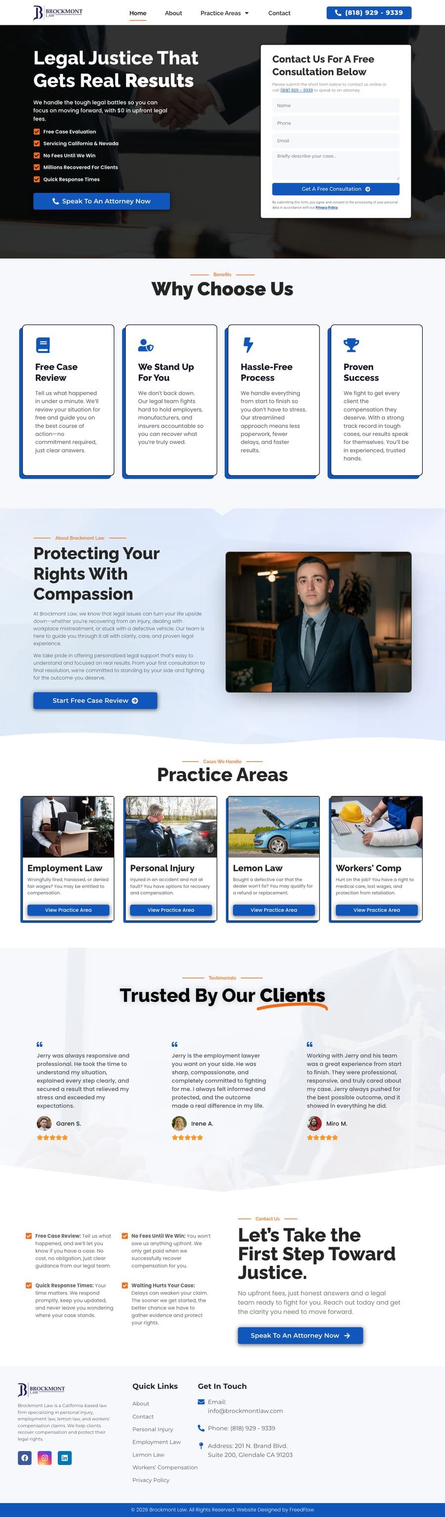 Full-page screenshot of the Brockmont Law firm website designed by FreedFlow