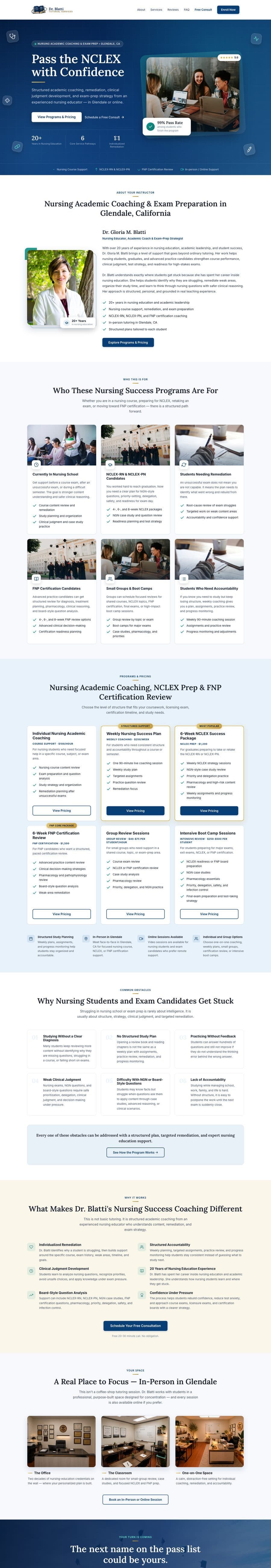 Full-page screenshot of the Dr. Blatti NCLEX tutoring website designed by FreedFlow