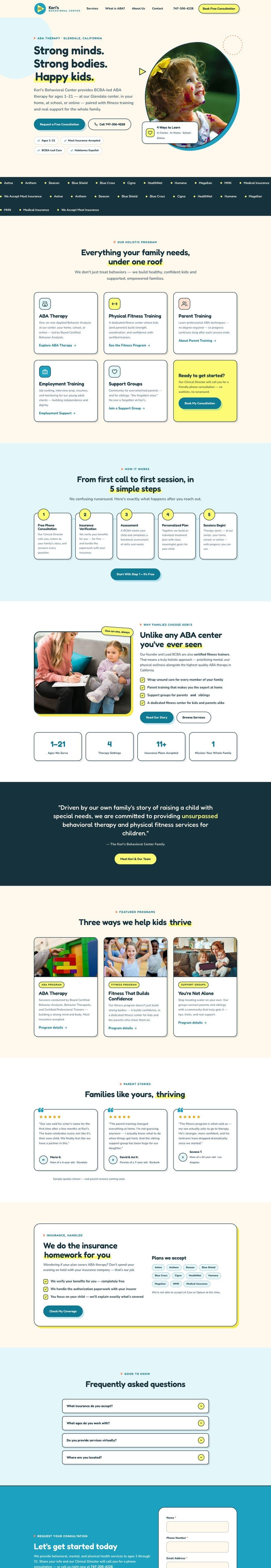 Full-page screenshot of the Kori's Center ABA therapy website designed by FreedFlow