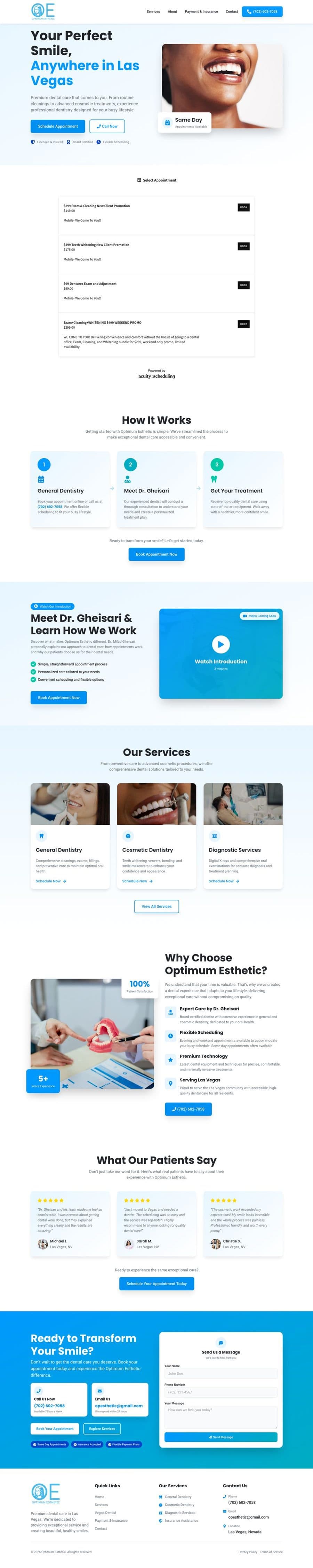 Full-page screenshot of the Optimum Esthetic dental practice website designed by FreedFlow